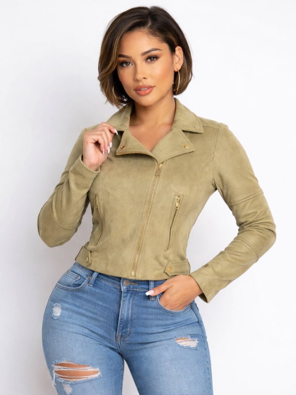 Women's Notch Zippered Suede Rider Jacket - Green